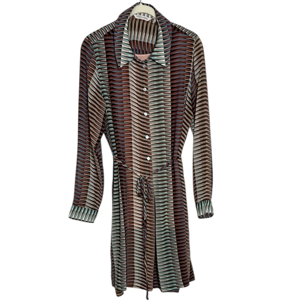 Soft Surroundings Retro Geometric Print Long Sleeve Tie Waist Shirt Dress